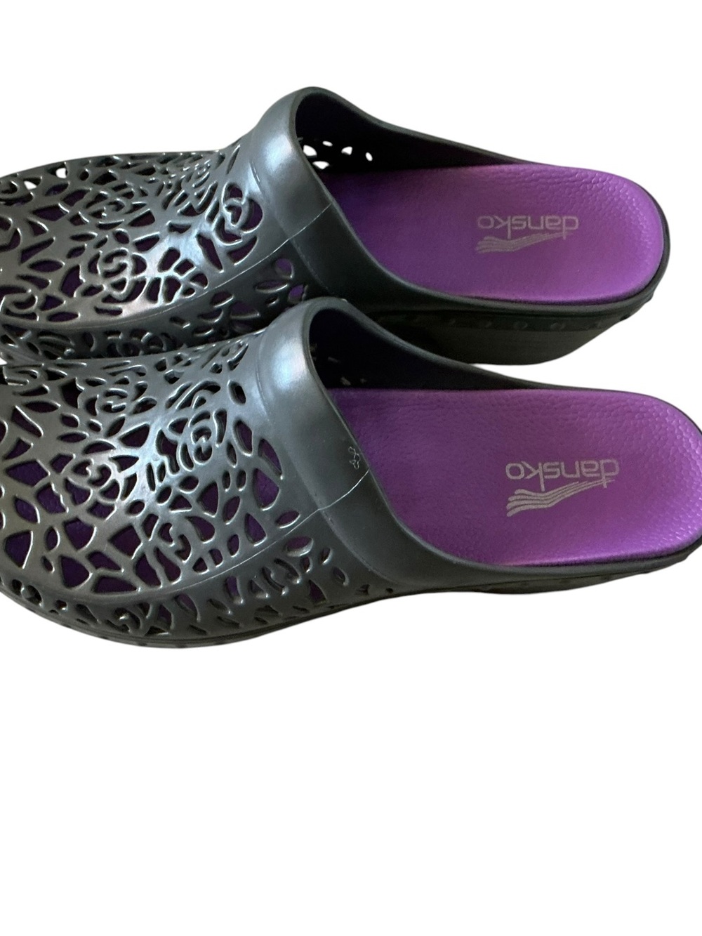 Dansko Pippa laser cut wedge clogs grey and purple size 40/9 US